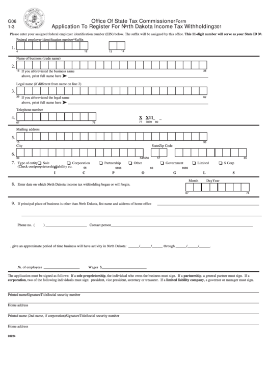 Fillable Form 301 Application To Register For North Dakota Income Tax 