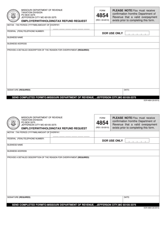 Fillable Form 4854 Employer Withholding Tax Refund Request Printable 