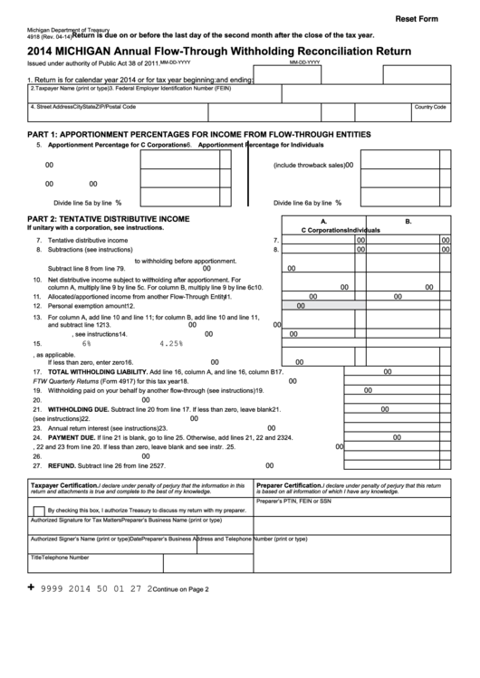 Fillable Form 4918 Michigan Annual Flow Through Withholding 