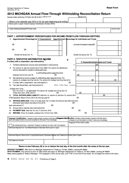 Fillable Form 4918 Michigan Annual Flow Through Withholding 