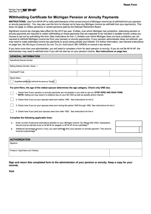 Fillable Form 4924 Withholding Certificate For Michigan Pension Or 