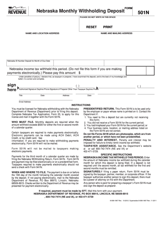 Fillable Form 501n Nebraska Monthly Withholding Deposit Printable Pdf 