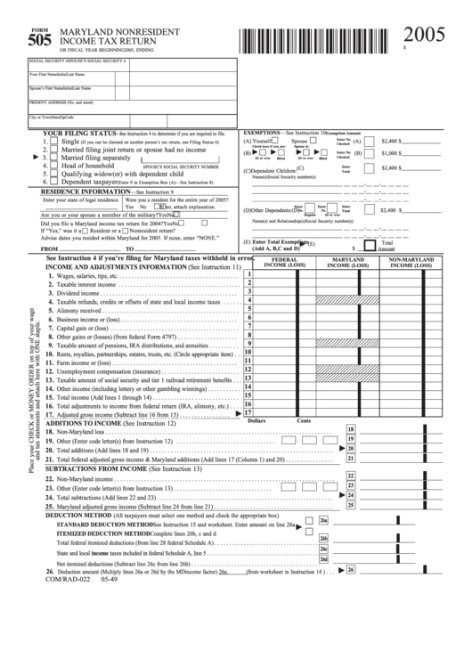 Fillable Form 505 Maryland Nonresident Income Tax Return 2005 