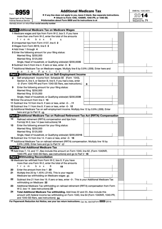 Fillable Form 8959 Additional Medicare Tax 2014 Printable Pdf Download