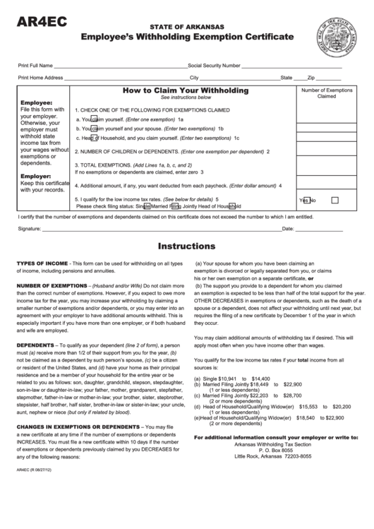 Fillable Form Ar4ec Employee S Withholding Exemption Certificate 