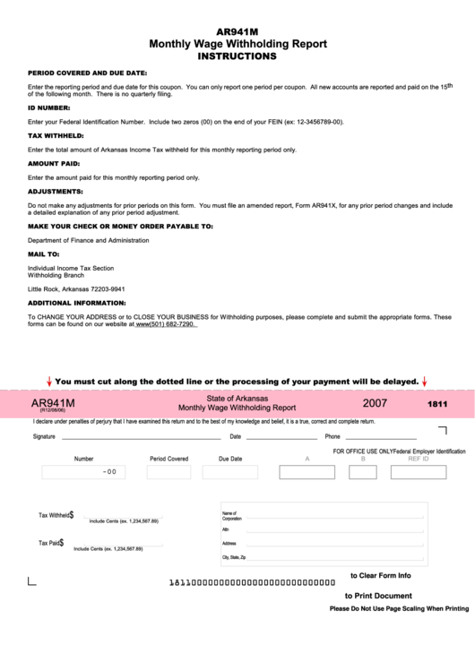 Fillable Form Ar941m State Of Arkansas Monthly Wage Withholding 
