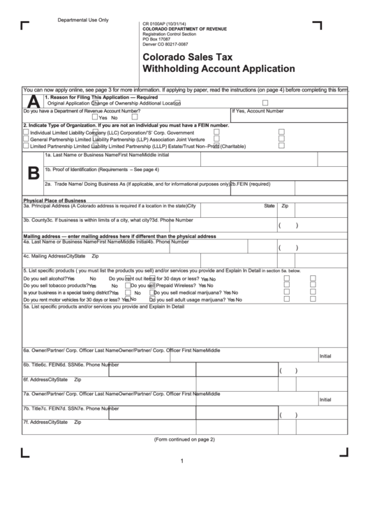 Fillable Form Cr 0100ap Colorado Sales Tax Withholding Account 