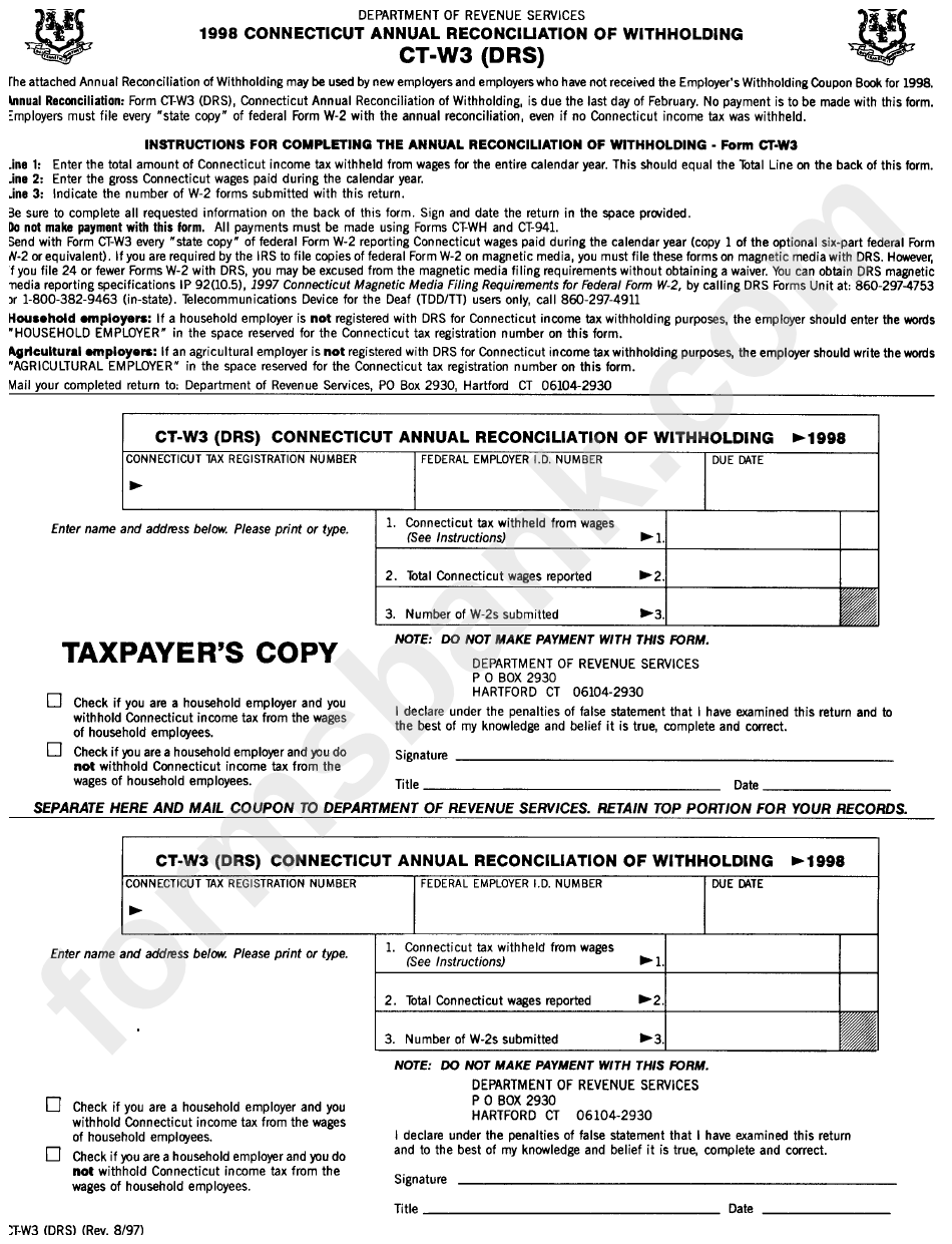 Fillable Form Ct W3 Drs Connecticut Annual Reconciliation Of 