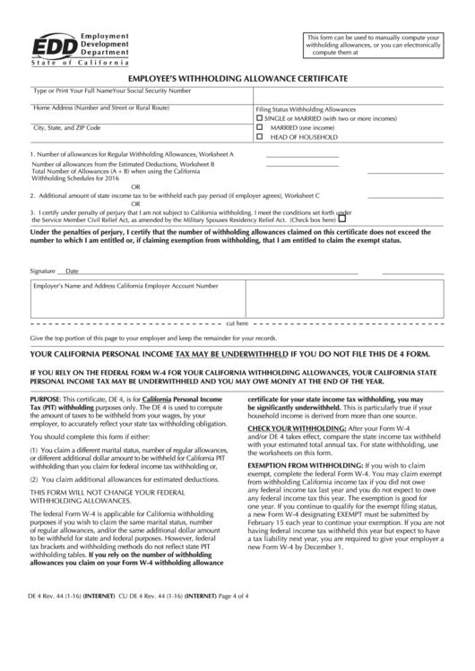 Fillable Form De 4 Employee S Withholding Allowance Certificate 