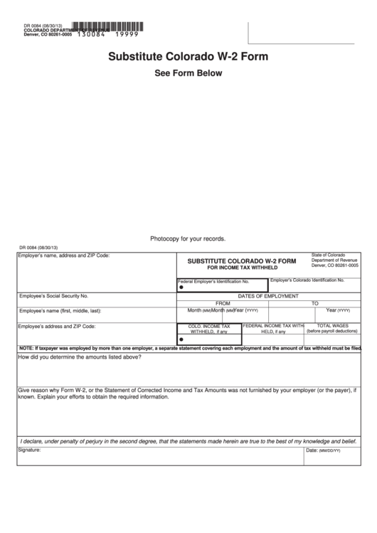 Fillable Form Dr 0084 Substitute Colorado W 2 Form For Income Tax 