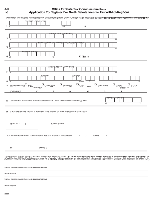 Fillable Form F 301 Application To Register For North Dakota Income 