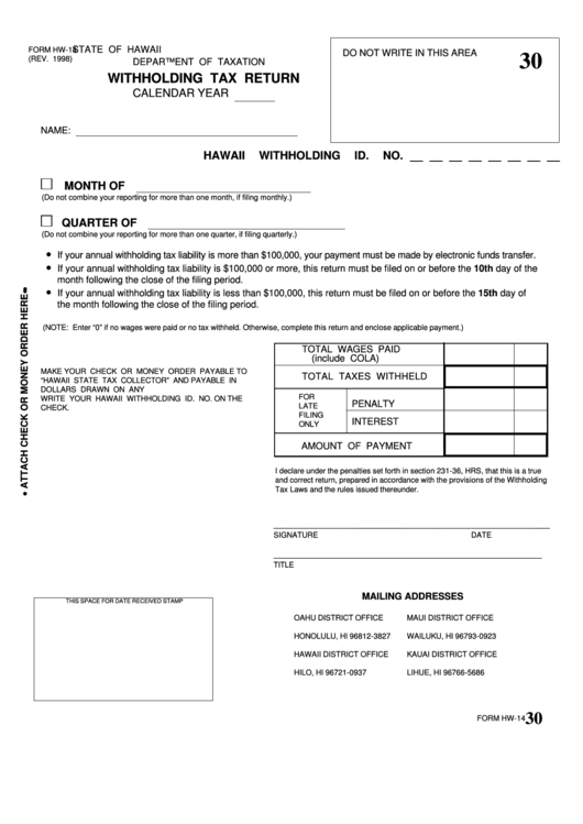 Fillable Form Hw 14 Withholding Tax Return Hawaii Department Of 
