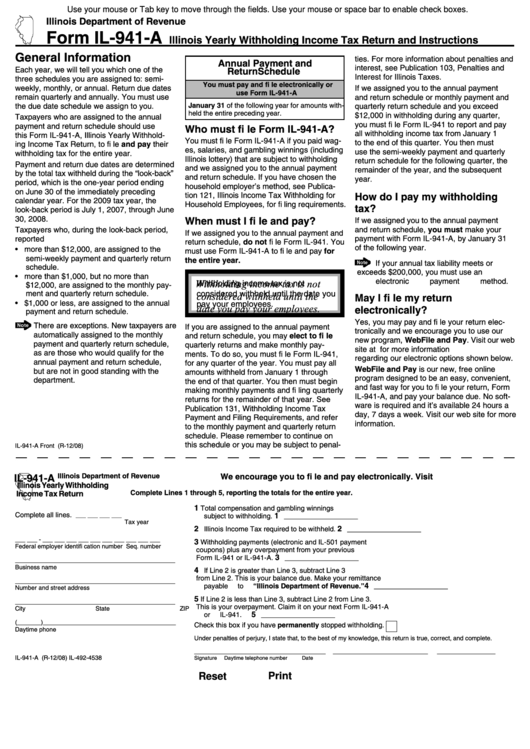 Fillable Form Il 941 A Illinois Yearly Withholding Income Tax Return 