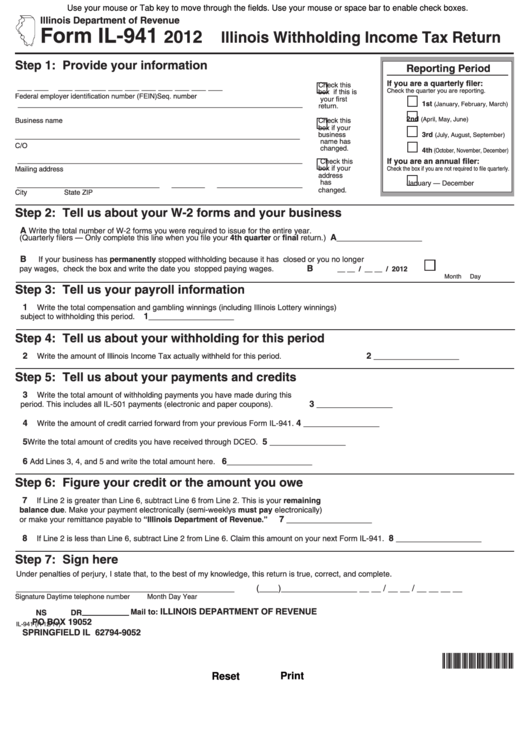 Fillable Form Il 941 Illinois Withholding Income Tax Return 2012 