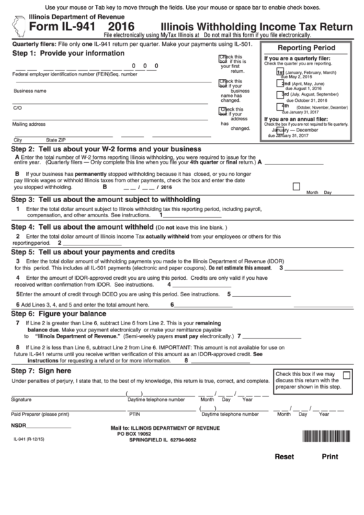 Fillable Form Il 941 Illinois Withholding Income Tax Return 2016 