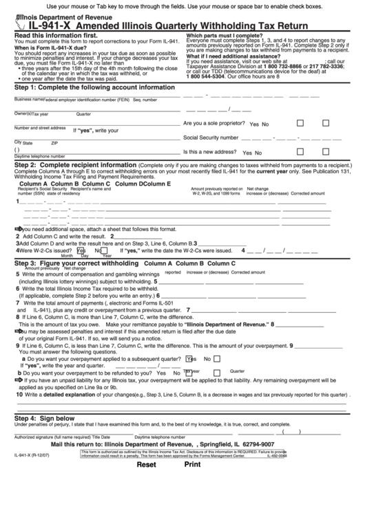 Fillable Form Il 941 X Amended Illinois Quarterly Withholding Tax 