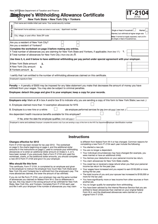 Fillable Form It 2104 Employee S Withholding Allowance Certificate 