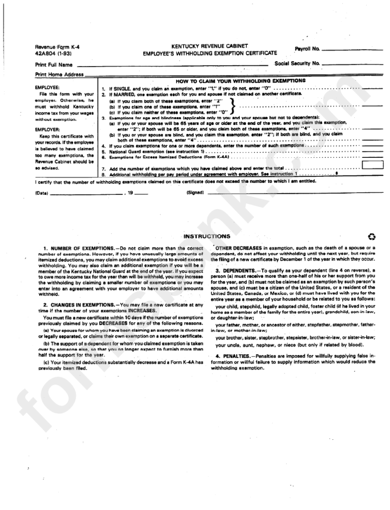 Fillable Form K 4 Employee S Withholding Exemption Certificate 