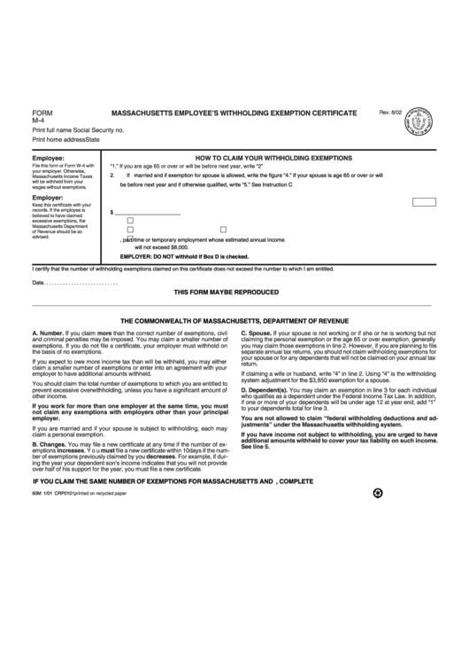 Fillable Form M 4 Massachusetts Employee S Withholding Exemption 