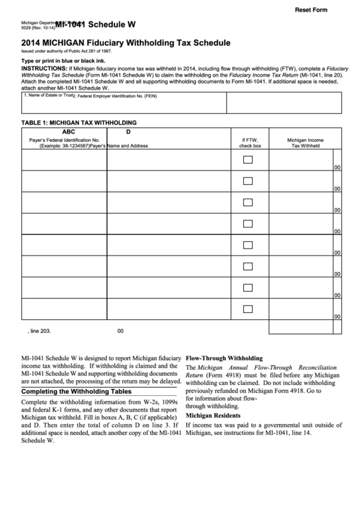 Fillable Form Mi 1041 2014 Michigan Fiduciary Withholding Tax 
