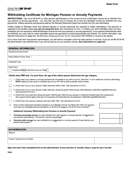 Fillable Form Mi W 4p Withholding Certificate For Michigan Pension Or 