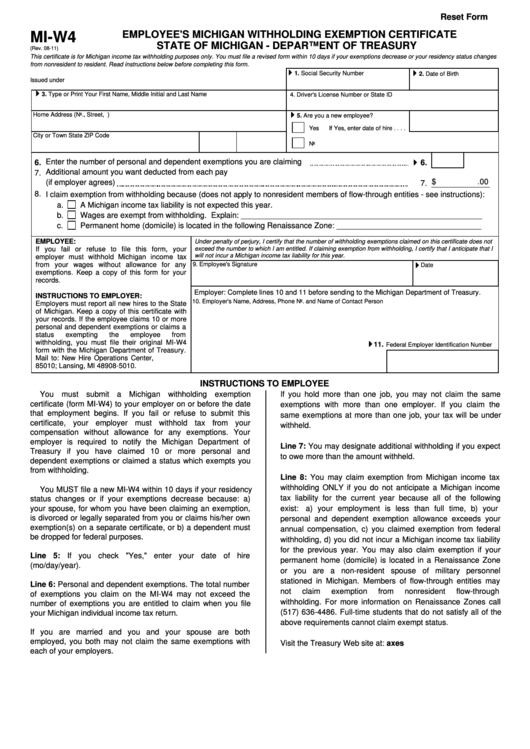 Fillable Form Mi W4 Employee S Michigan Withholding Exemption 