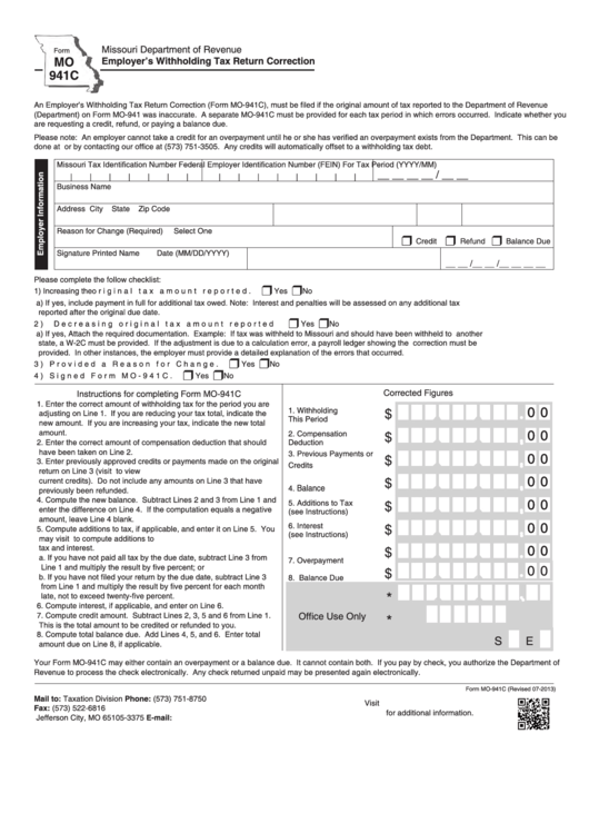 Fillable Form Mo 941c Employer S Withholding Tax Return Correction 