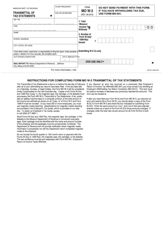 Fillable Form Mo W 3 Transmittal Of Wage And Tax Statements 