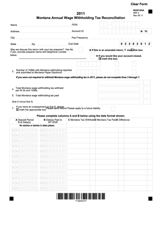 Fillable Form Mw 3 Montana Annual Wage Withholding Tax Reconciliation 