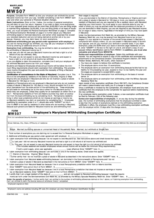 Fillable Form Mw507 Employee S Maryland Withholding Exemption