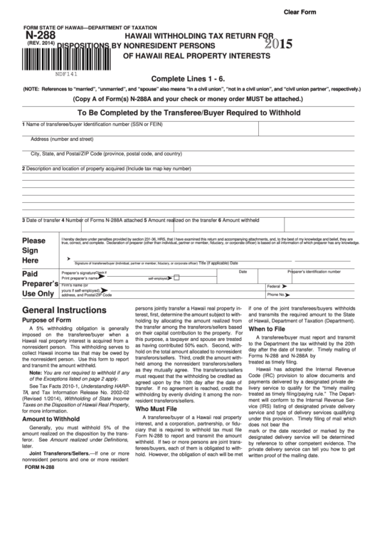 Fillable Form N 288 Hawaii Withholding Tax Return For Dispositions By 