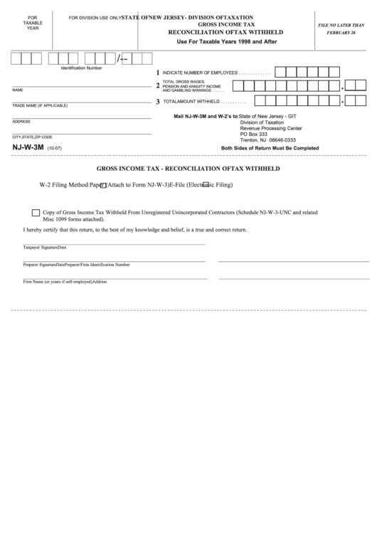 Fillable Form Nj W 3m Gross Income Tax Reconciliation Of Tax 