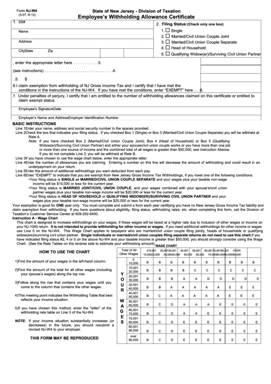 Fillable Form Nj W4 Employee S Withholding Allowance Certificate 