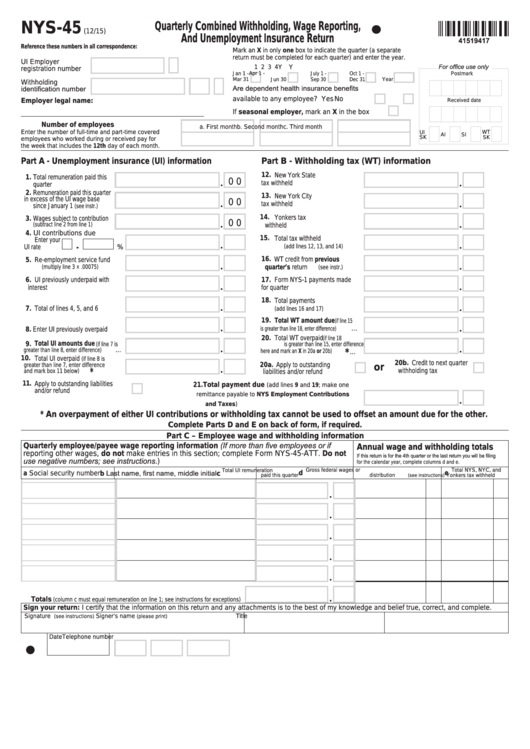 Fillable Form Nys 45 Quarterly Combined Withholding Wage Reporting 