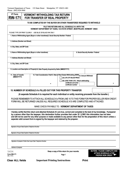 Fillable Form Rw 171 Vermont Withholding Tax Return For Transfer Of 