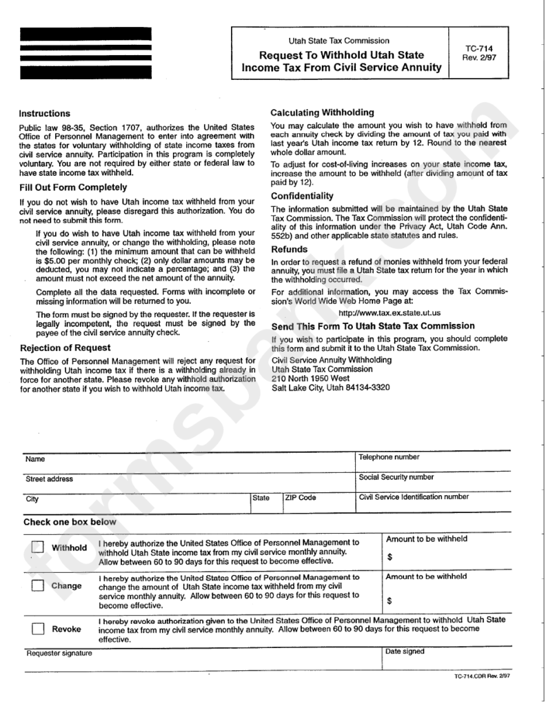 Fillable Form Tc 714 Request To Withhold Utah State Income Tax Form 