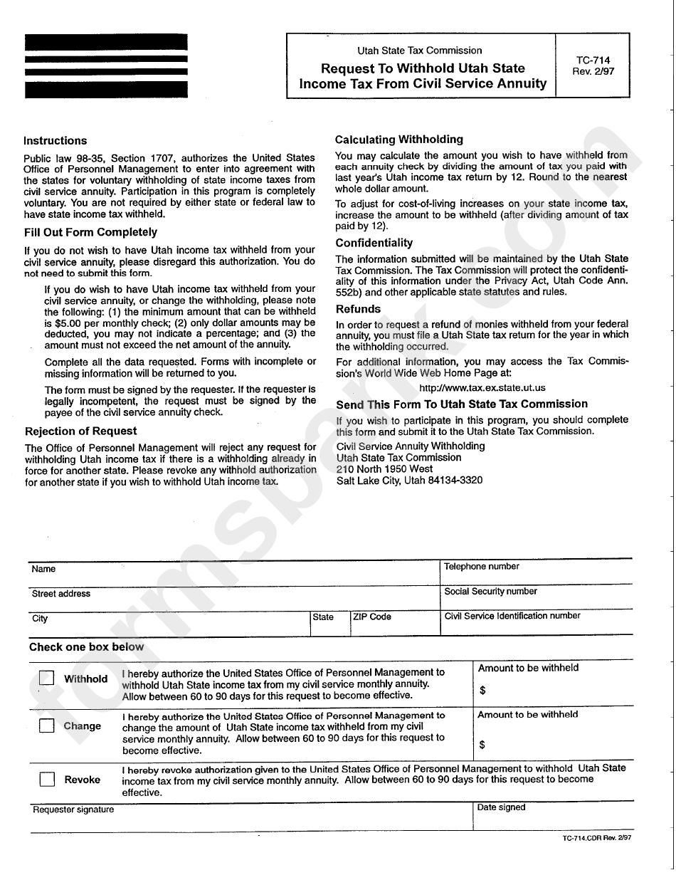 Fillable Form Tc 715 Request To Withholding Utah State Income Tax 