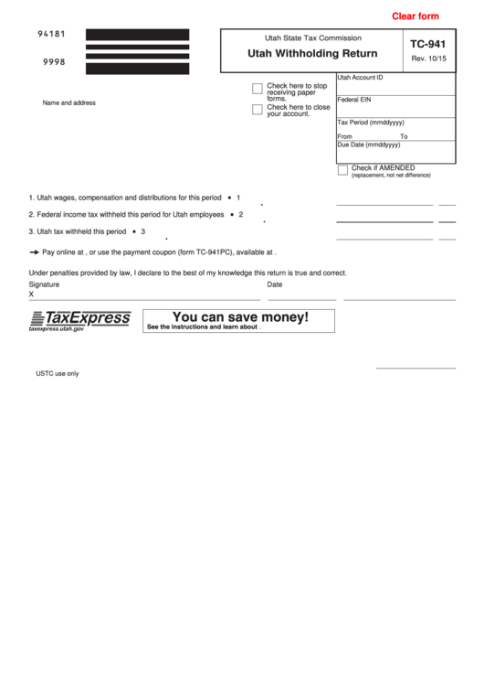 Fillable Form Tc 941 Utah Withholding Return Utah State Tax 