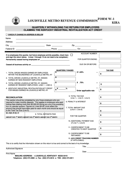 Fillable Form W 1 Kira Quarterly Withholding Tax Return For Employers 