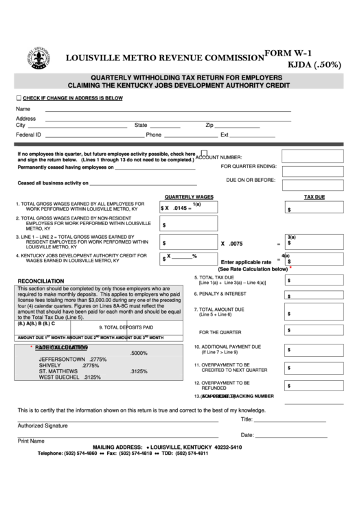 Fillable Form W 1 Kjda Quarterly Withholding Tax Return For Employers 