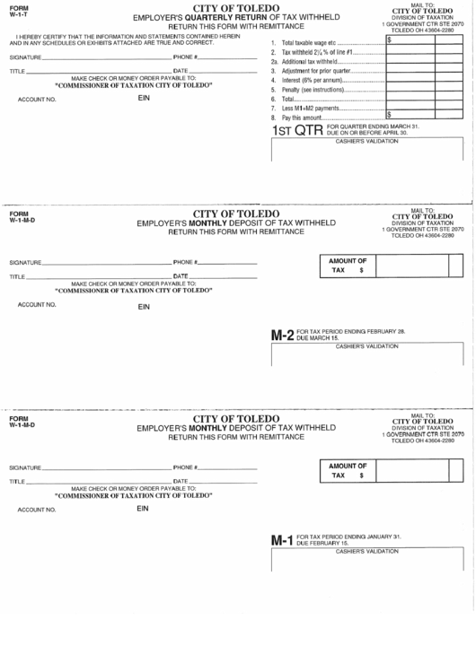 Fillable Form W 1 T City Of Toledo Employer S Quarterly Return Of Tax 