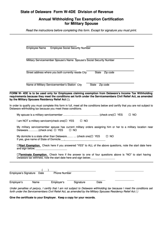 Fillable Form W 4de Annual Withholding Tax Exemption Certification 