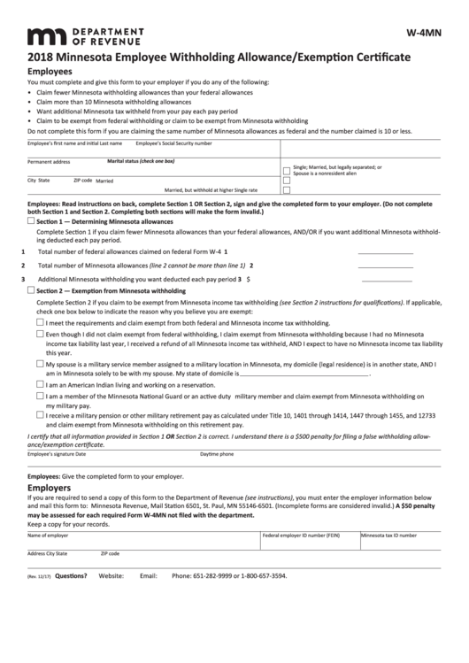 Fillable Form W 4mn Minnesota Employee Withholding Allowance 