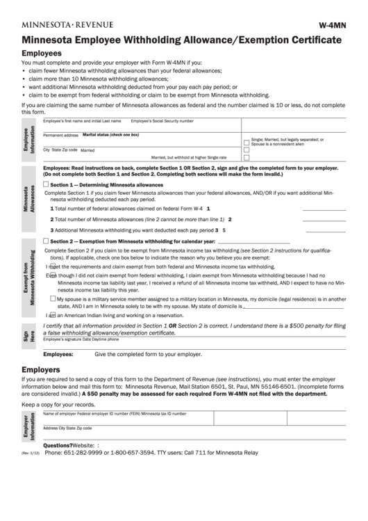 Form W 4mn Minnesota Employee Withholding Allowance Exemption