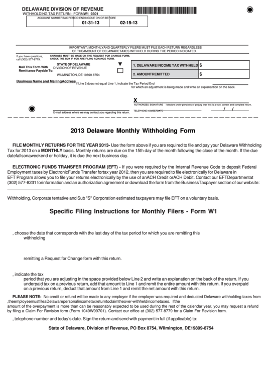 Fillable Form W1 9301 Delaware Monthly Withholding Form 2013 