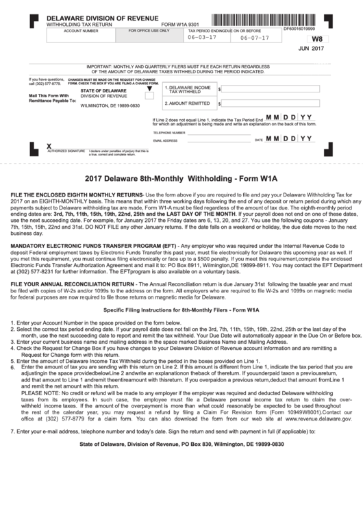 Fillable Form W1a 9301 Withholding Tax Return Delaware Division Of 