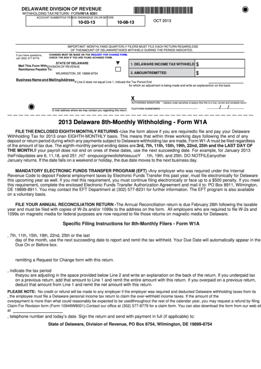 Fillable Form W1a Delaware 8th Monthly Withholding 2013 Printable 