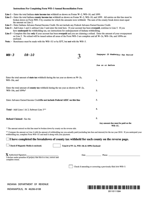 Fillable Form Wh 3 Breakdown Of Indiana County Tax Withheld Printable 