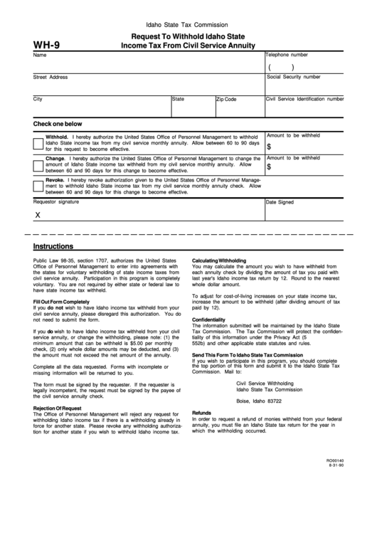 Fillable Form Wh 9 Request To Withhold Idaho State Income Tax From 