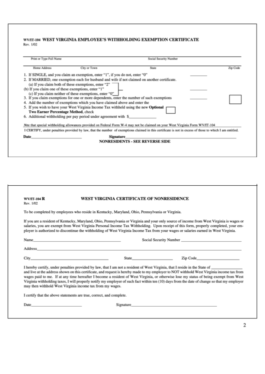 Fillable Form Wv it 104 West Virginia Employee S Withholding 